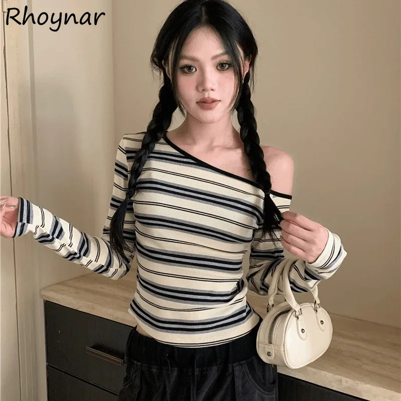 Striped T-shirts Women Autumn Spicy Girls High Street Slim Fit Skew Collar Off Shoulder Fashion Trendy Lazy Style Attractive New