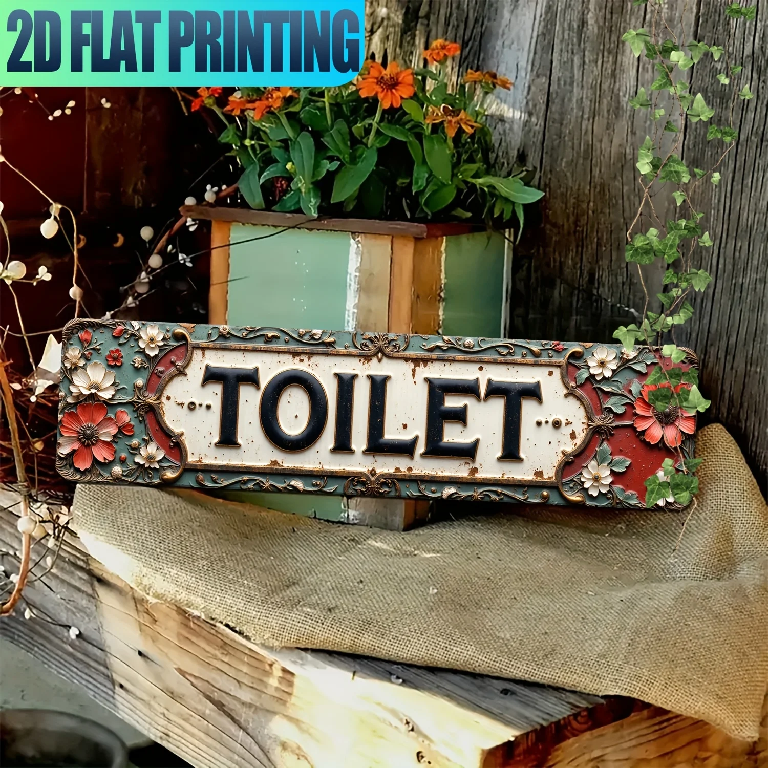 Blechschild „TOILETTE“, 2D-Flachdruck, Vintage-Metall-Wanddekoration, verzierte Blumenmuster, rustikale Plakette, Retro-Dekoration im viktorianischen Stil