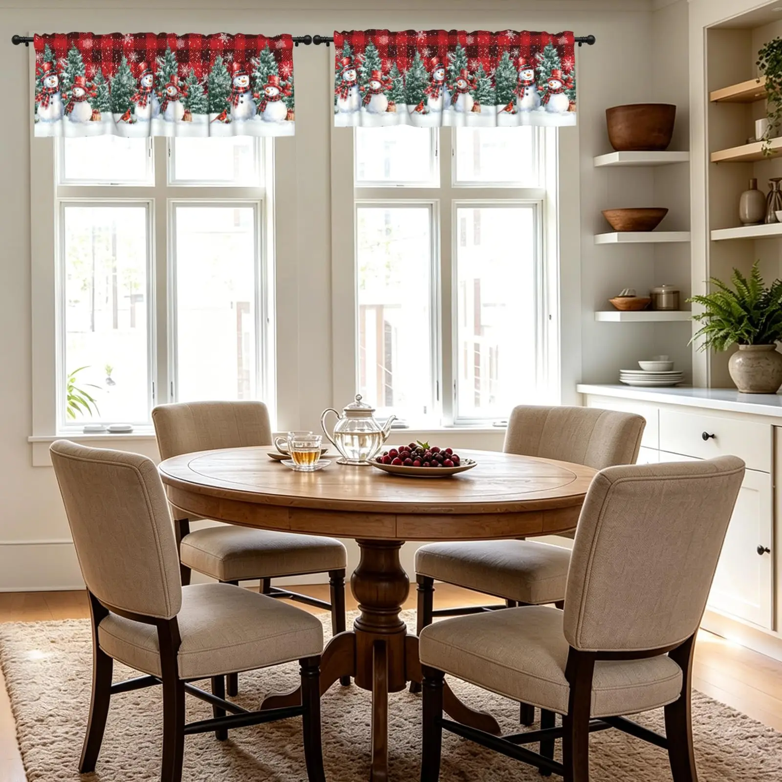 Xmas Polyester Valance Curtains 2 Pack Red Plaid Snowman Snowflake Light Filtering Window Valance for Kitchen Holiday Decor