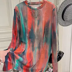 2024 Summer Minimalist Commute Tie Dye Printed Round Neck Camouflage Loose All-match Breathable Gauze Long Sleeve T-shirts Tops