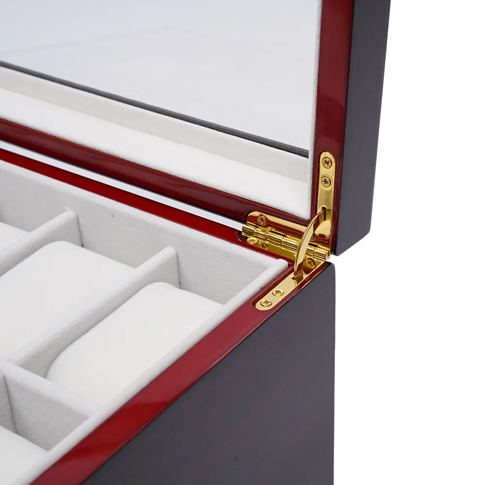 Caixa de exibição de relógio de madeira com 20 espaços, caixa organizadora de armazenamento de joias com parte superior de vidro + trava