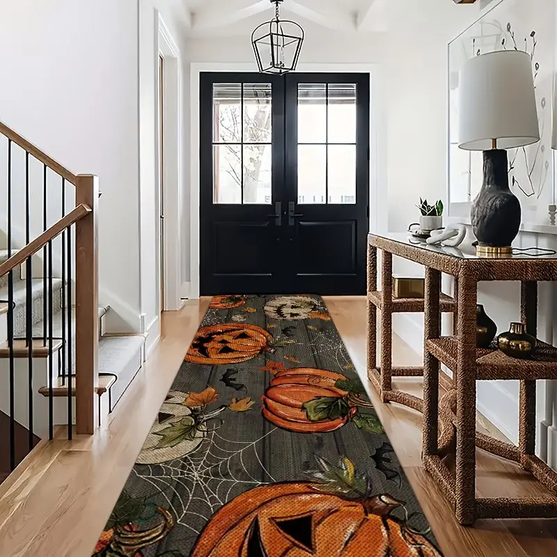 VIKAMA Fall Pumpkin Runner Rug Wood Grain Halloween Non Slip Washable Long Floor Mat Hallway Entry Thanksgiving Home Decor