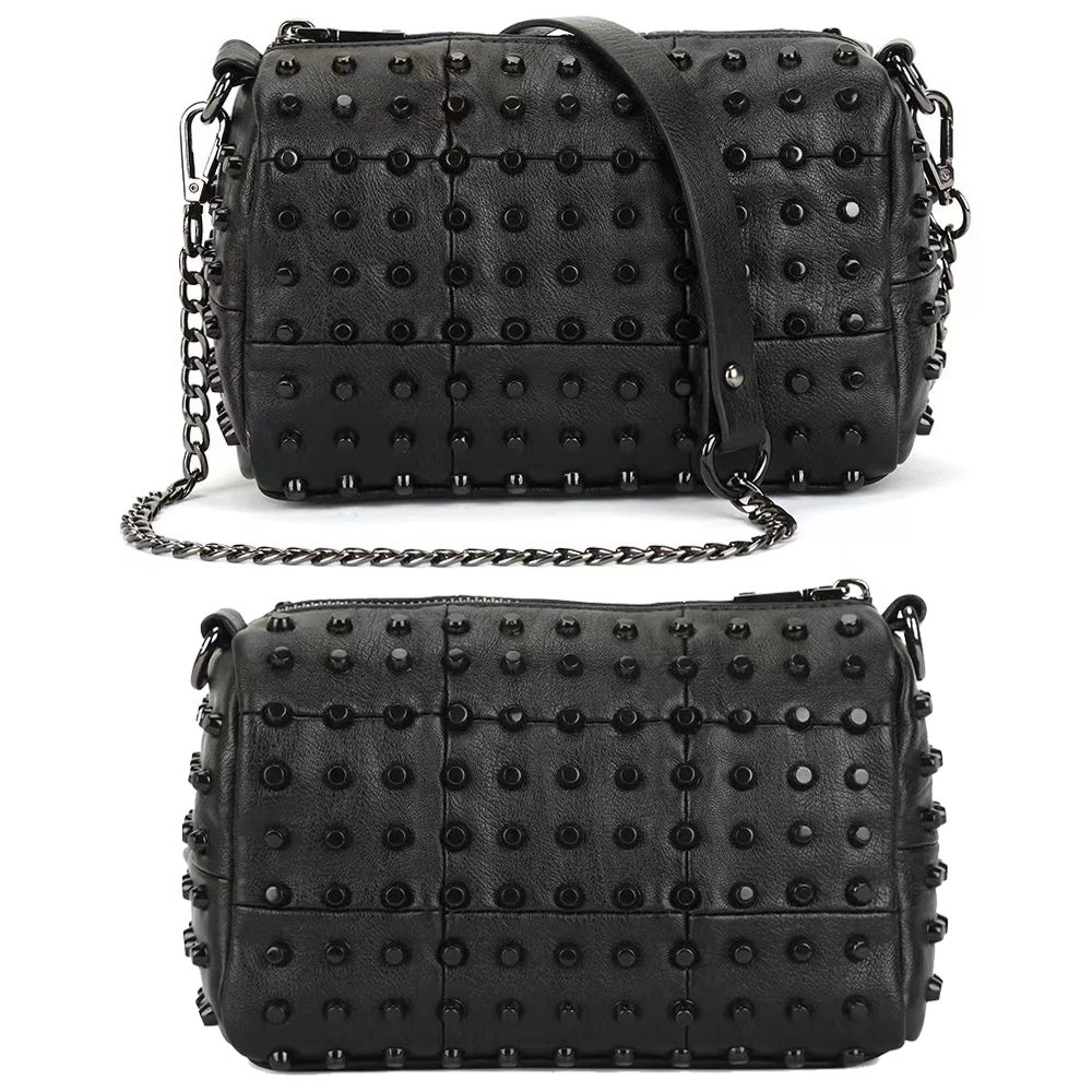 SHELKSBAG Black Punk Studded Pillow Crossbody Bag For Women PU Leather Rivets Casual Street Style Shoulder Messenger Handbag
