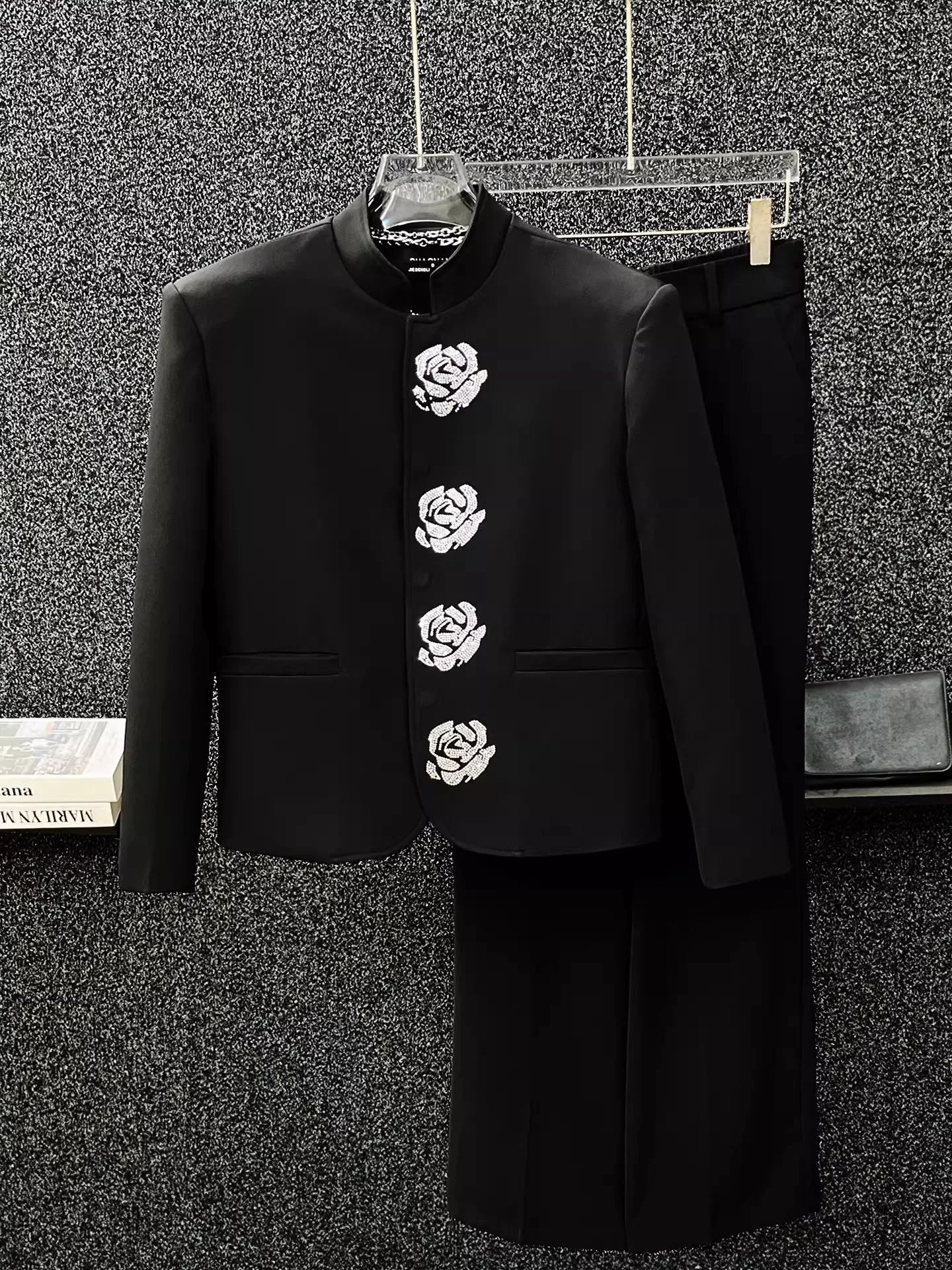 Men's Rhinestone Rose Pattern Blazer French Vintage Fashion Gentleman Floral Suit Jacket Formal Banquet Party Outerwear
