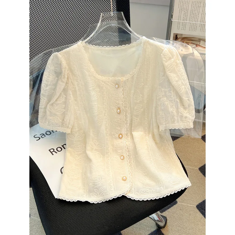 Lace Top Women's 2025 Summer New Temperament Chiffon Shirt Short Sleeve