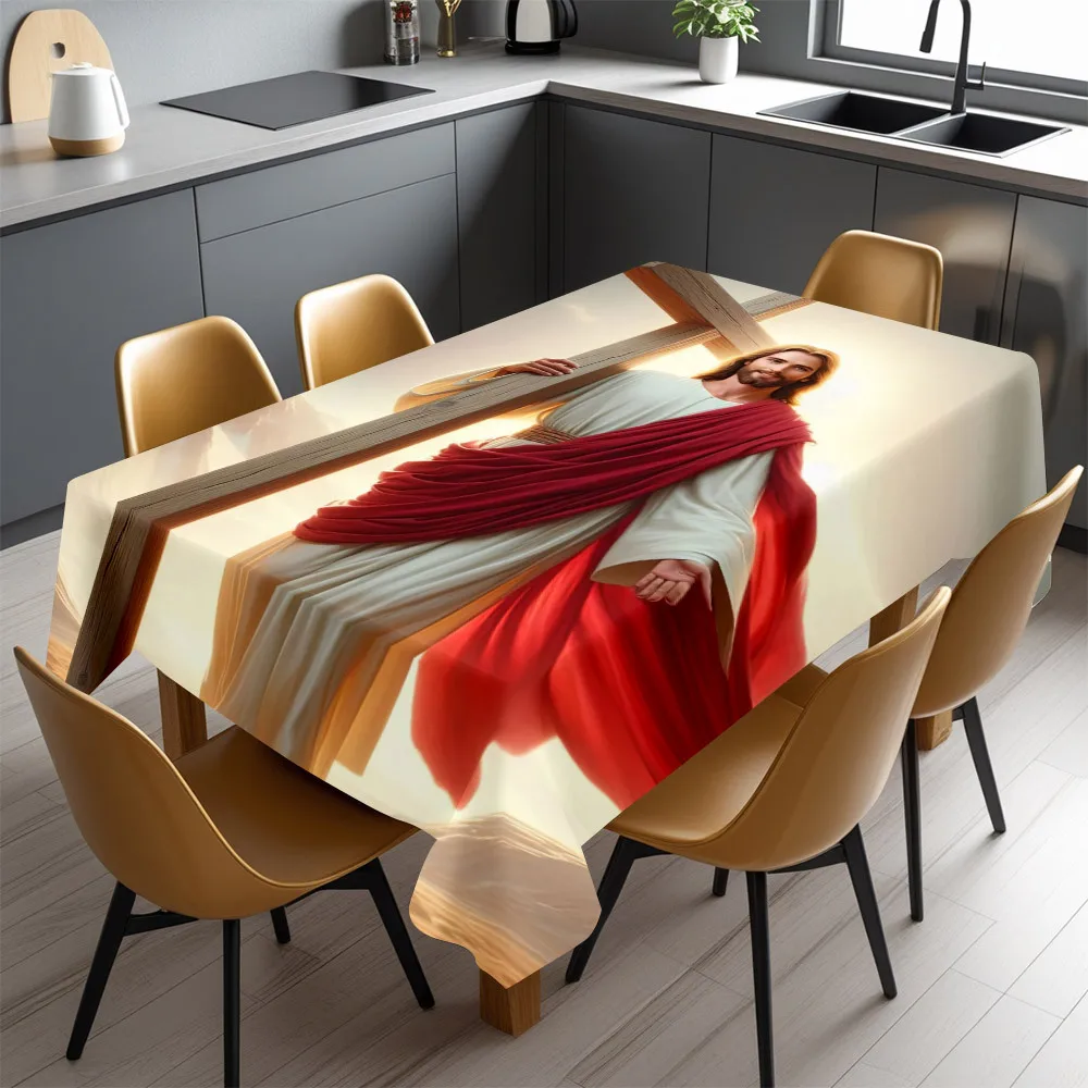 Christian Religious Tablecloth Jesus Christ Portrait Waterproof Dining Table Cover for Home Decor