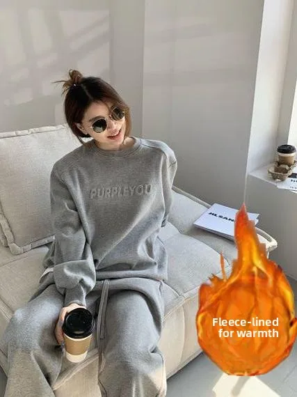 مجموعة ملابس رياضية غير رسمية من الصوف السميك للنساء للخريف والشتاء، سويت شيرت فضفاض للتخسيس على الطراز الكوري، بدلة جري من ق...