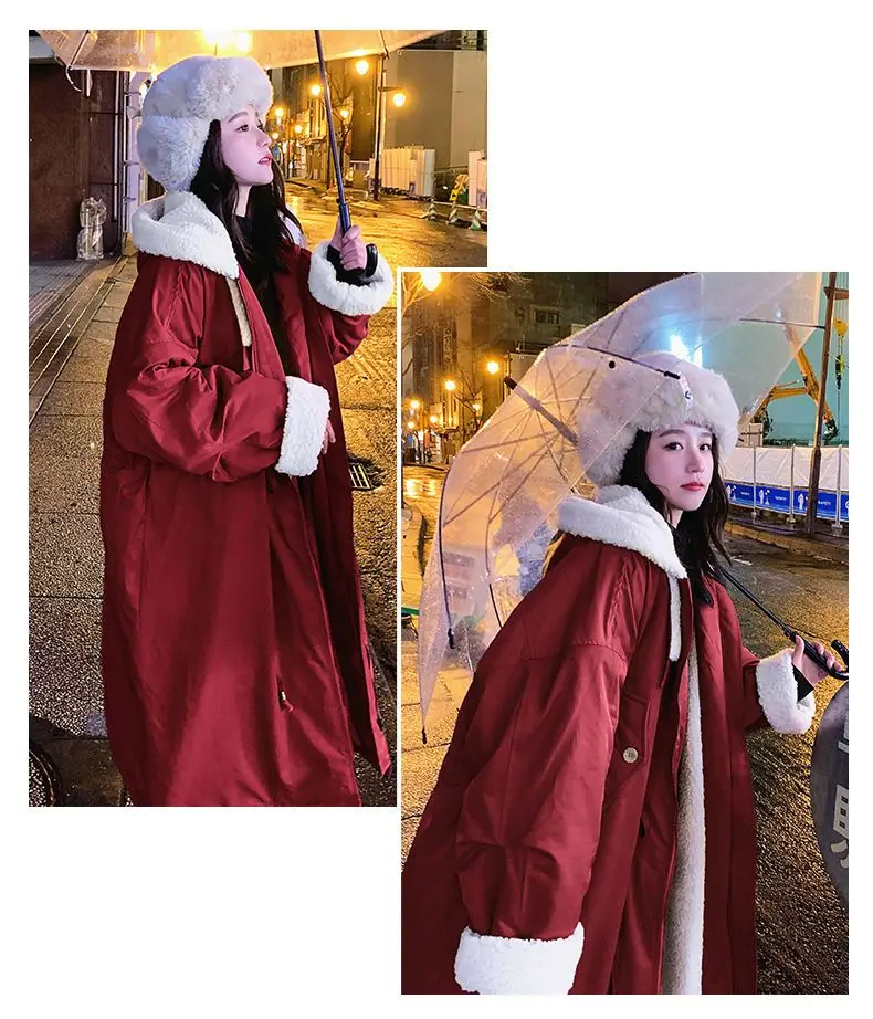 Lamb wool Cotton Jacket Women's Korea Loose 2026 New Winter Plus velvet Snow Parkas Warm Hooded Coat Casual Female Long Overcoat