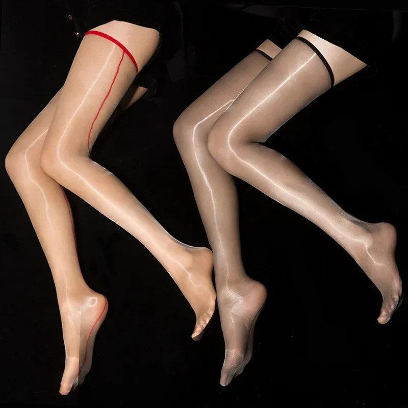1D Ultra Thin Transparent Thigh High Stockings Women Sexy Oil Shine Long Stockings Retro Back Line Seamed Medias Glossy Hosiery