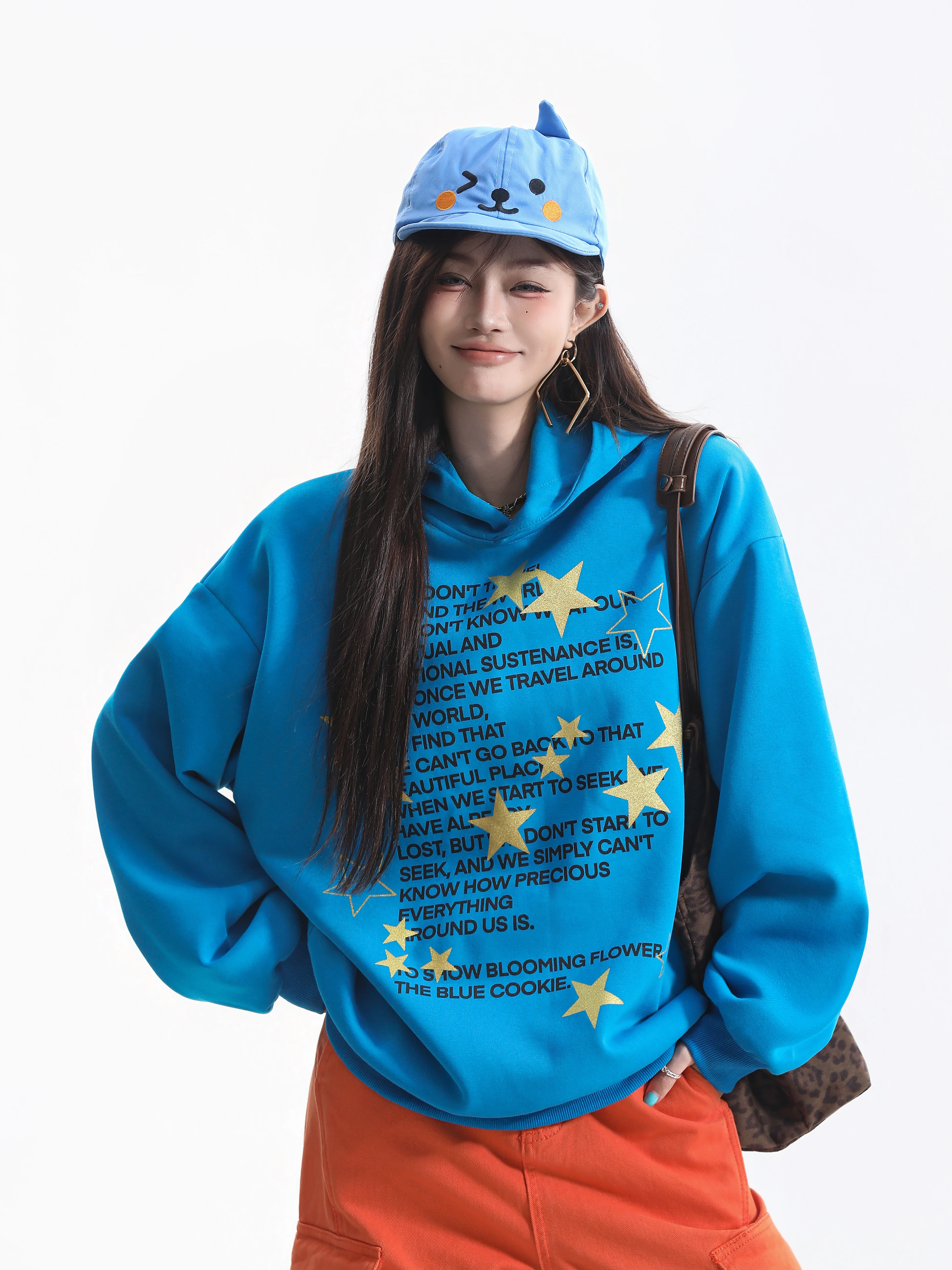 American Style Streetwear Hoodie Women's Casual Overhead Commute Neutral Hat Sweatshirt Star Print Loose Fit Long Sleeve Cott...