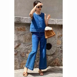 Blue denim vest suit, sleeveless top, jeans, commuting, casual women's pants two-piecet