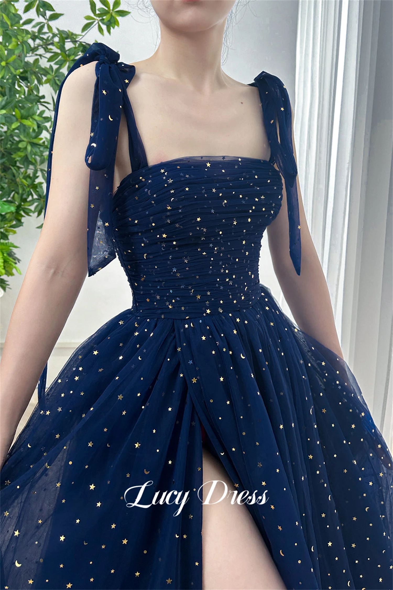 Elegant Luxury Party Dress Ball Gown Line A Graduation Navy Blue Star Glitter Fabric Evening Dresses Women Summer Customized