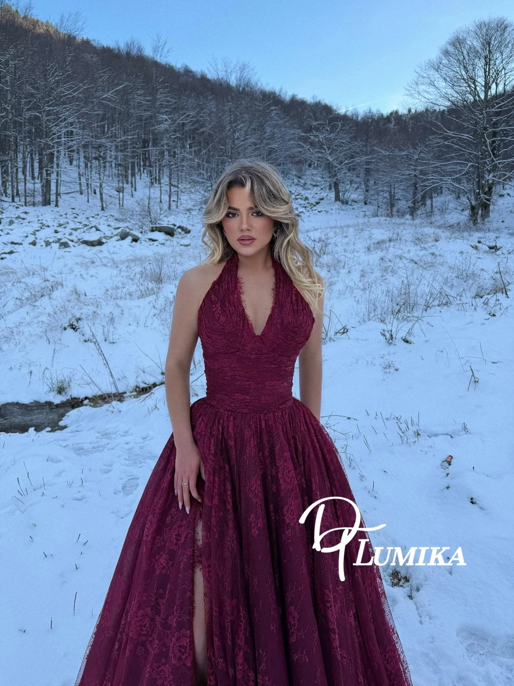 

Elegant Burgundy Floral Lace Halter Ball Gown Customized Deep V Neck Ruched Bodice Floor Length Formal Evening Party Dress