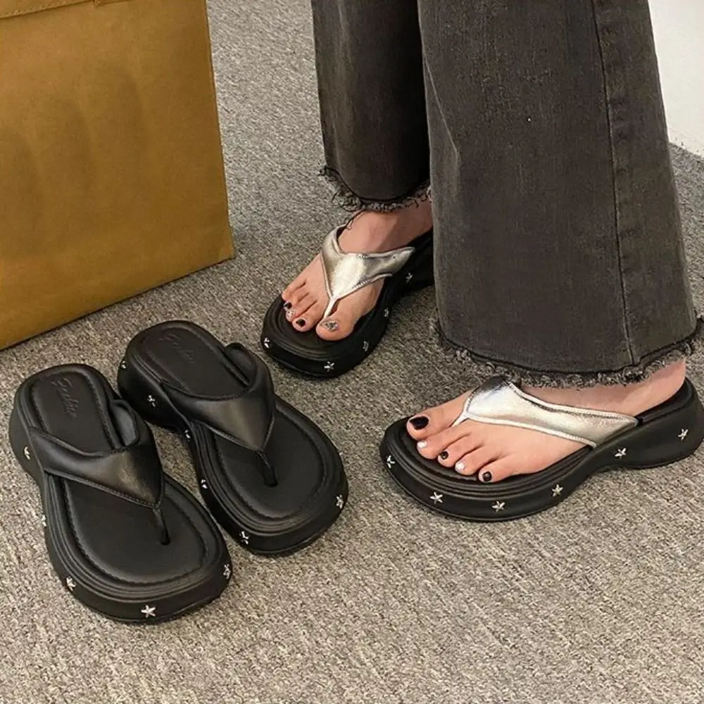Solid Color Y2K Platform Flip Flops Soft Toe Spring Beach Slippers Women Non-Slip EVA Thick Soled Slippers Women