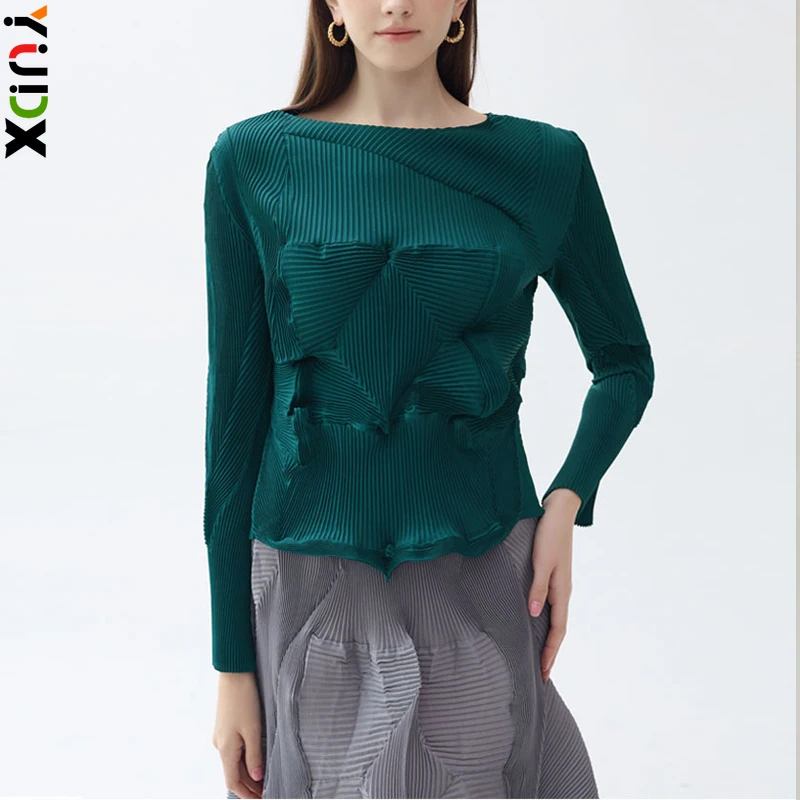 

Miyake Pleated Women's T-shirt Tops High Quality Irregular Design Niche Bud Solid Pullover Fashion Bottoming Shirt 2023 Fall New