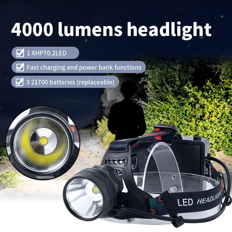Upgraded XHP70.2 High Power LED Head Lamp Super Bright Headlamp Rechargeable Strong Light Headlight Night Fishing Camping Work