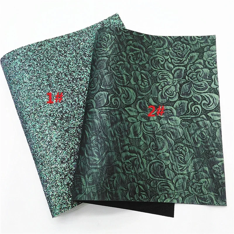 Dark Green Faux Leather Sheets leopard Printed Faux  Fabric Flowers Embossed Synthetic Vinyl Suede Fabric For DIY 21x29CM Y297