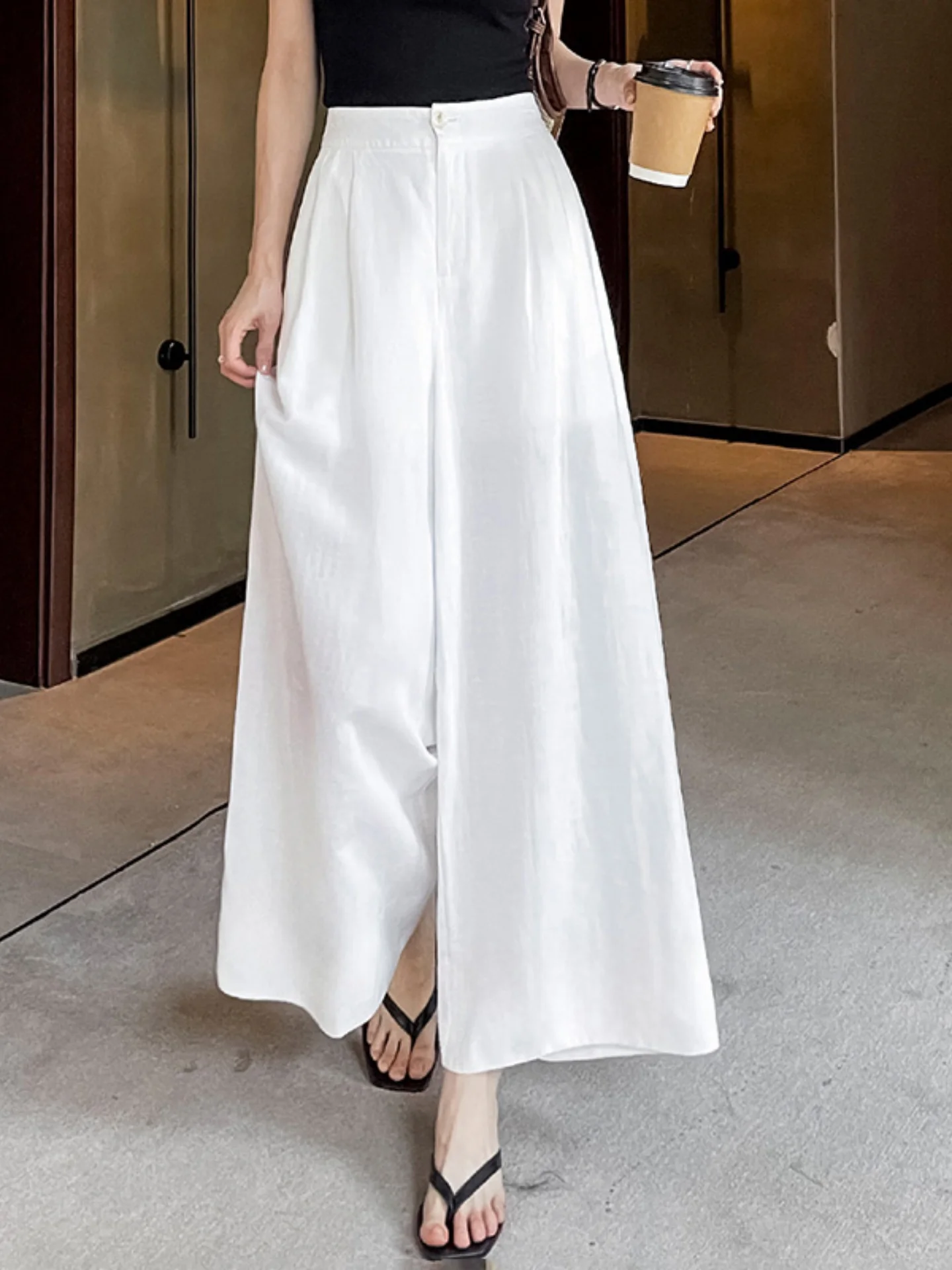 High Waist Wide Leg Pants Women's Casual Drapey Straight Thin Summer Loose Lazy Style Nine Points Pants Korean Version Pure C...