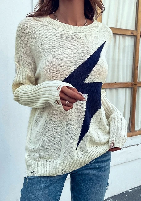 Fashion Round Neck Tattered Knitted Sweater for Women Round Neck Long Sleeve Clothing Top Pullover