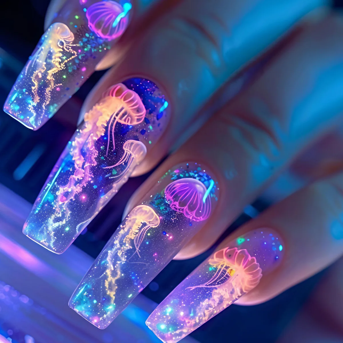 24 Stück/Set mittellange künstliche Nägel für Frauen und Mädchen, modische Ozean-Quallen-Schildkröte, niedliches Tiere-Design, zum Aufdrücken falscher Nagelkunst-Tipps