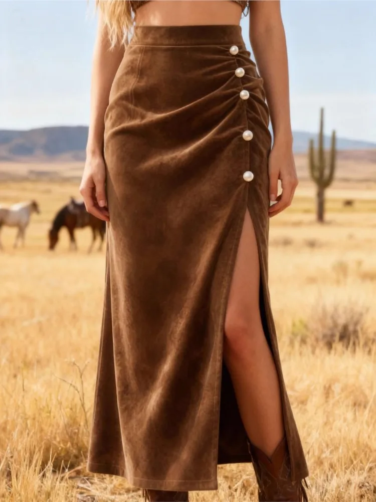 

Women's New Suede-like High Waist Bodycon Skirts Elegant Brown High Side Slit Pencil Skirt Fringe Pearl Retro Autumn Maxi Skirt