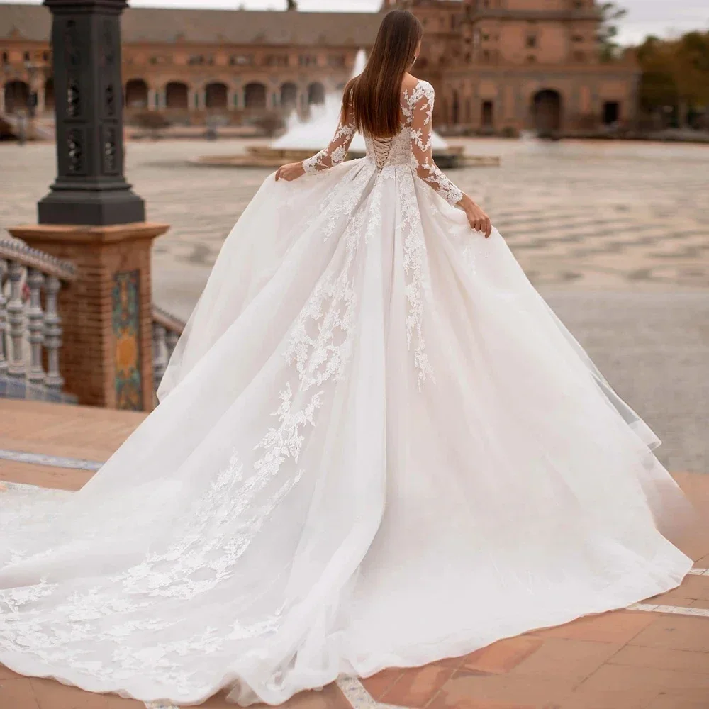 فساتين زفاف Flavinke مخصصة بأكمام طويلة على شكل قلب على شكل حرف a مزينة بالدانتيل فستان العروس الأميرة 2025 Vestido De Noiva