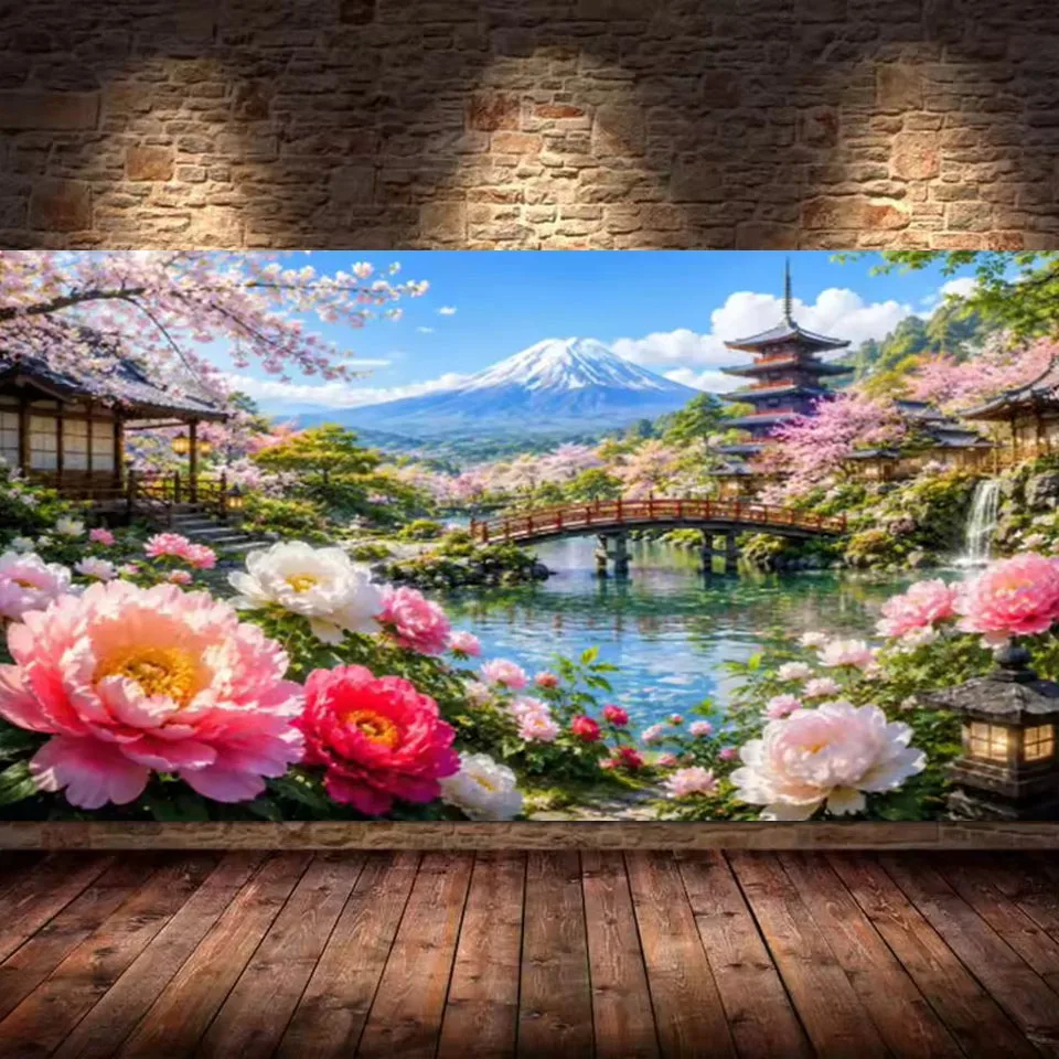 DIY Diamond Painting Large Peony Mount Fuji Pavilion Landscape Full Square Round Diamond Embroidery Cross Stitch Wall Decor