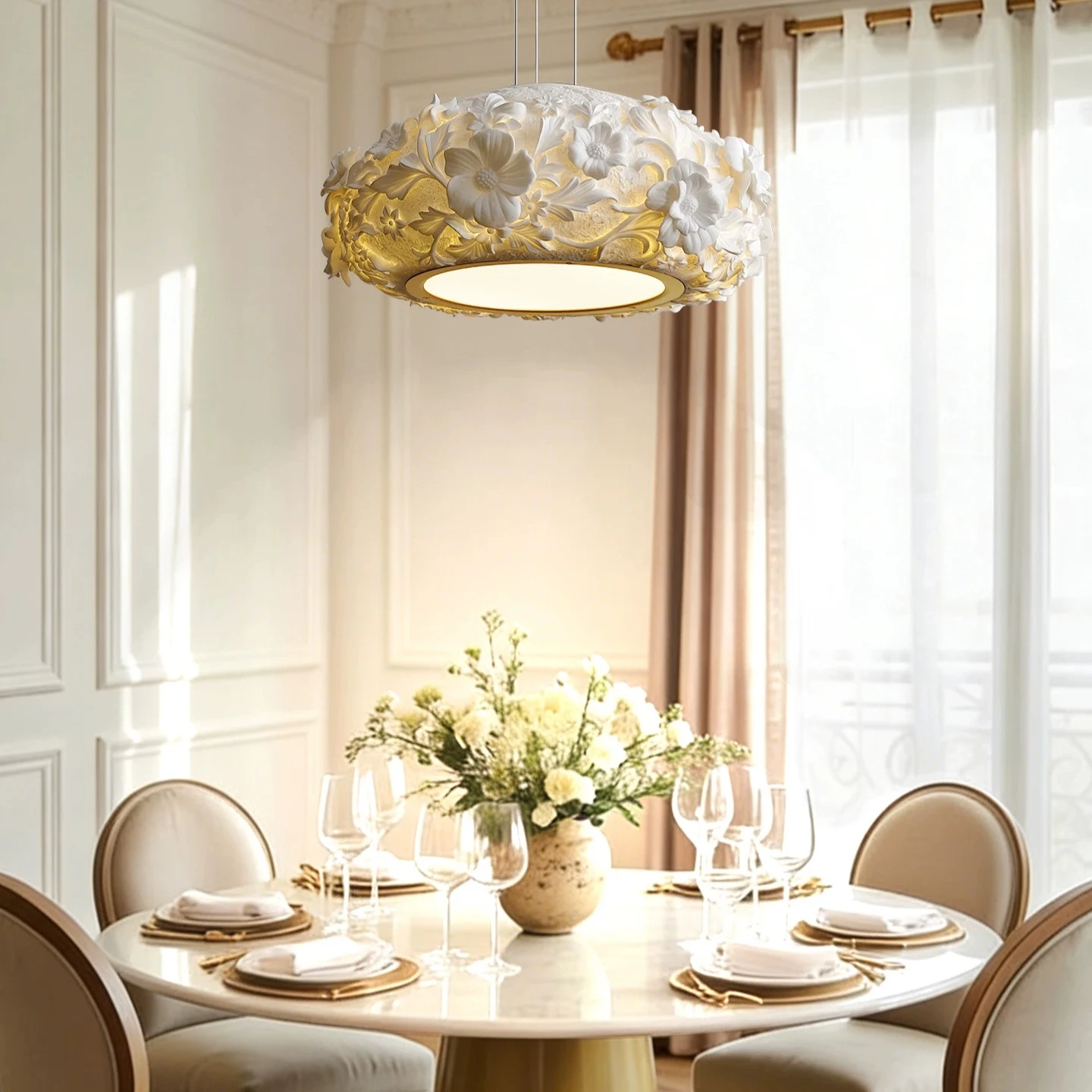 FrenchVintage Gypsum Carved Pendant Light Retro LuxuryLED Ceiling Lamp For Dining Room Bedroom Study Hallway Decor Hanging Light