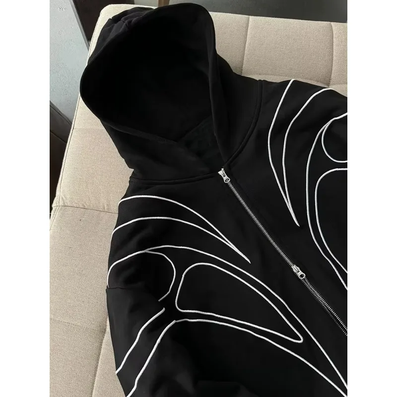 Women Double Zipper Hooded Sweatshirt Striped Embroidered Oversized Hoodie Retro Streetwear Hip Hop Zip Up