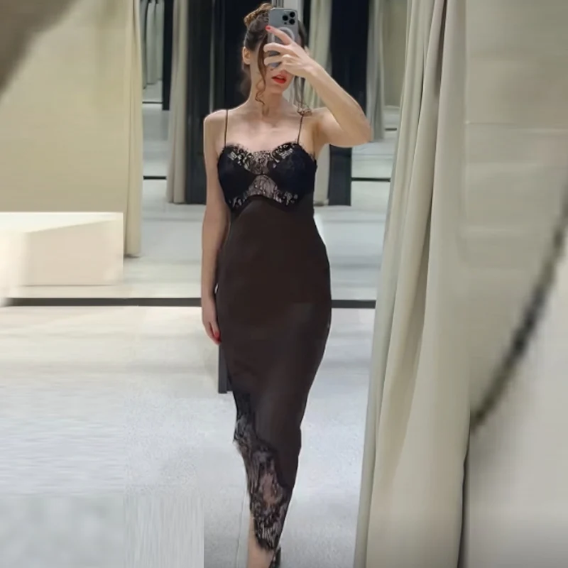 Sukienka HXAO 2026 z koronką, asymetryczna, na ramiączkach, damska, wiosenno-letnia, seksowna, satynowa, bez rękawów, z odkrytymi plecami, elegancka sukienka na Boże Narodzenie.