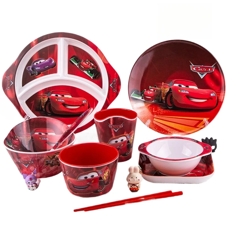 

Disney Lightning McQueen Anti-Fall Anti-Scald Bowl Cup Set Cute Anime Children's Creative Divided Plate Chopsticks Spoon Set