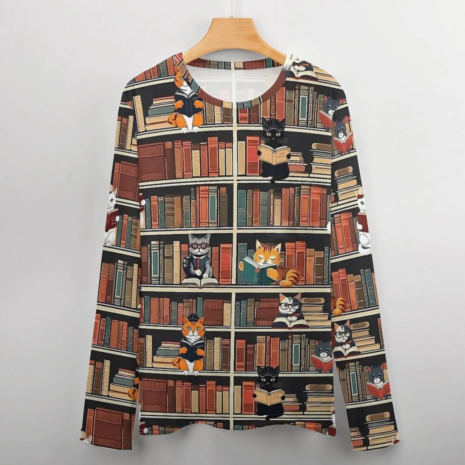 مكتبة القط الفن تي شيرت القطط والكتب رجل الموضة تي شيرت الربيع الجرافيك تيز كم طويل عادية المتضخم هدية عيد ميلاد