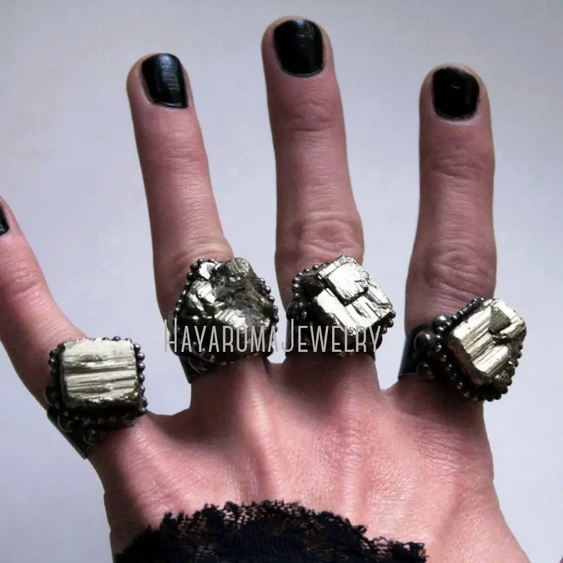 RM43266 Cubic Raw Pyrite Crystal Ring Large   Statement  Halloween