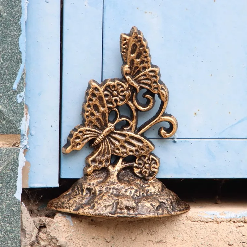 Antique Gold Cast Iron Butterflies Door Stop With Bottom Base For Home Indoor Outdoor Front Gate Decoration Handmade Heavy Piece