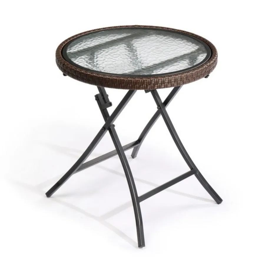 

Outdoor Side Table Round Rattan Patio Side Table Small Foldable Wicker Table with Tempered Glass Table Top for Lawn Garden Balc