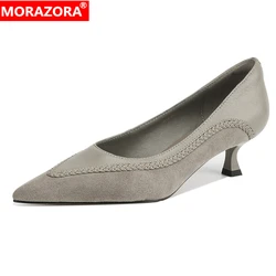 MORAZORA 2025 New Sheepskin High Heels Pointed Toe Suede Fashion Women Pumps Basic Ladies Party Dress Shoes Gray Black Footwear