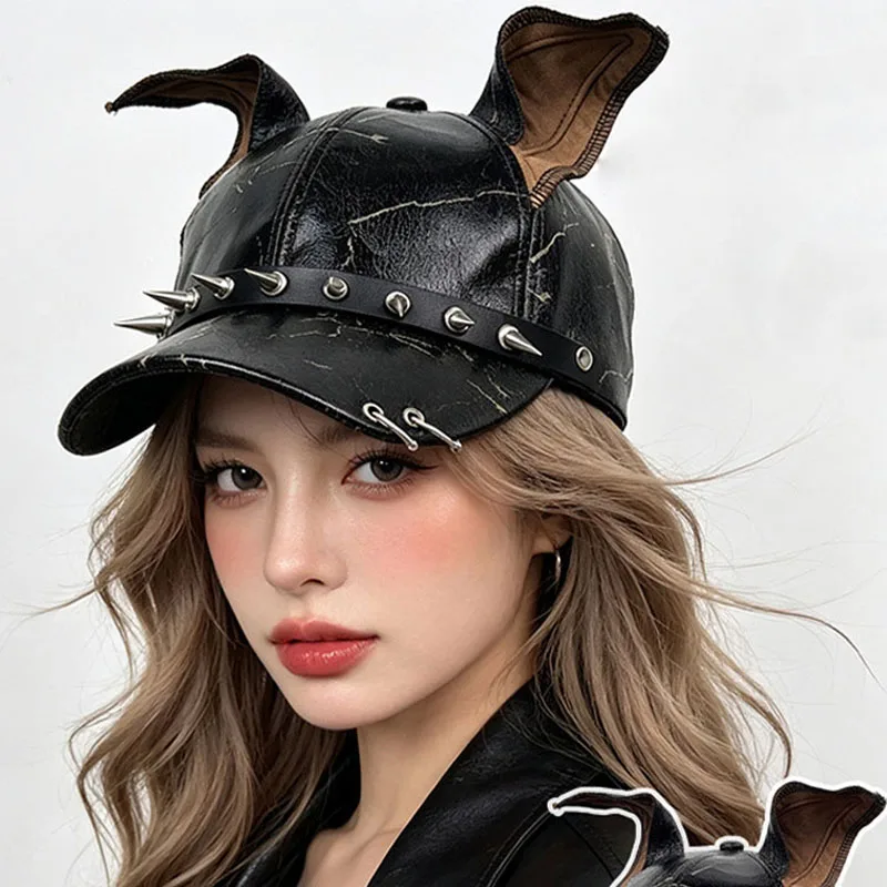 Retro Punk Style Personalized Rivet Design Doberman Ears Baseball Caps Street Trend Versatile Y2K Girl Hat
