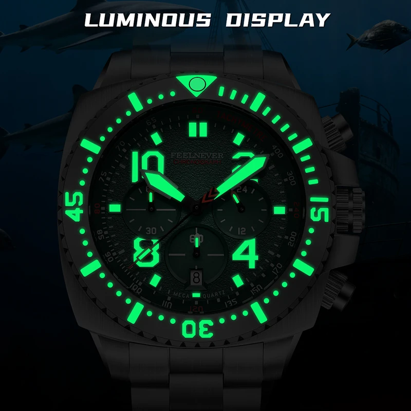 Top Brand FEELNEVER Green Dial Chronograph Diver Watch for Men Waterproof Luxury Business Sapphire Automatic Mechanical Watches