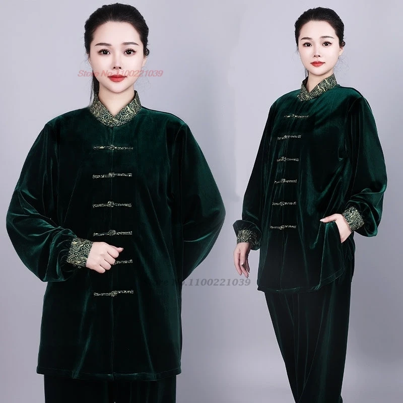 

2026 китайская одежда для кунг-фу, тай-чи, боевые искусства, тайцзицюань, ушу, утолщенный бархат ‌ комплект топов + брюк для тренировок