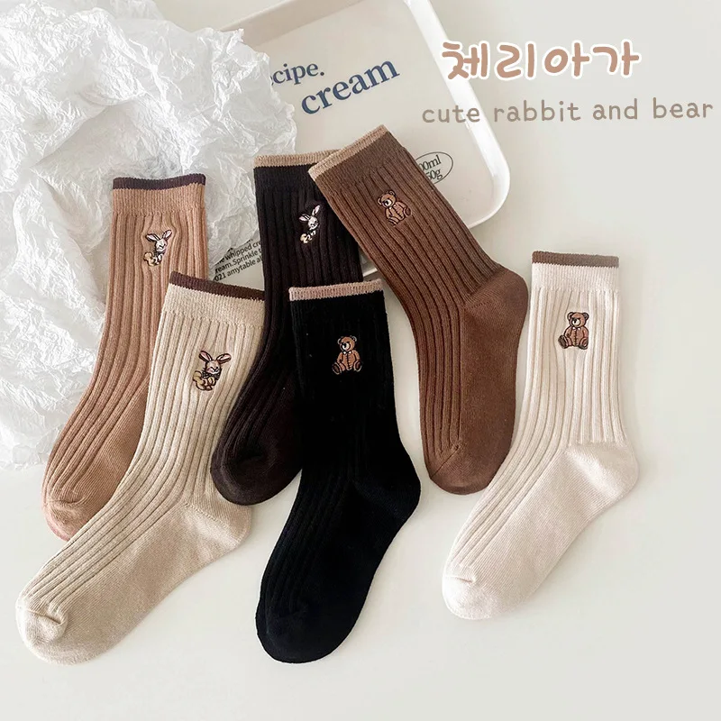 

3 Pairs/lot Children Cotton Socks Kawaii Bear Bunny Embroidery Boys Girls Tube Socks Autumn Winter Warm Casual Kids Socks 1-10y