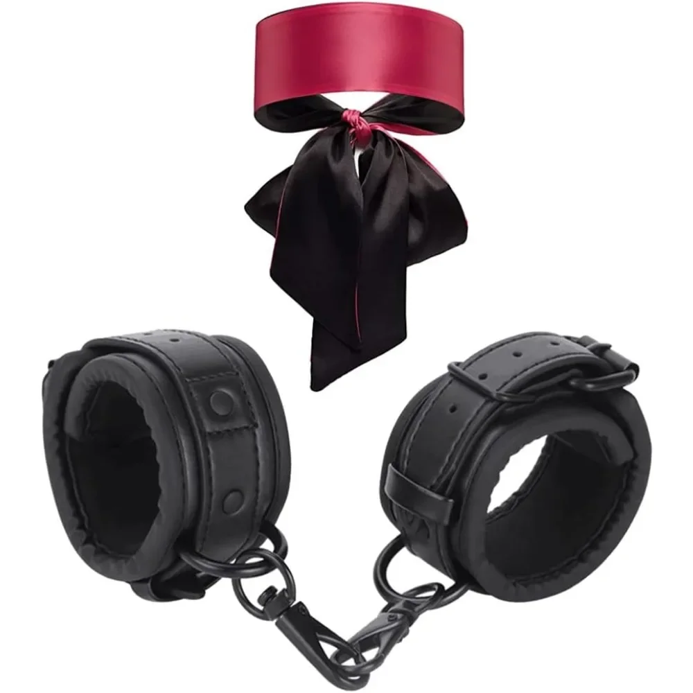 SM Bondage-Kit de fetiche para parejas, esposas de cuero, juego sexual con venda para los ojos, cubierta de Ojos de seda, juego de rol para adultos y esposa