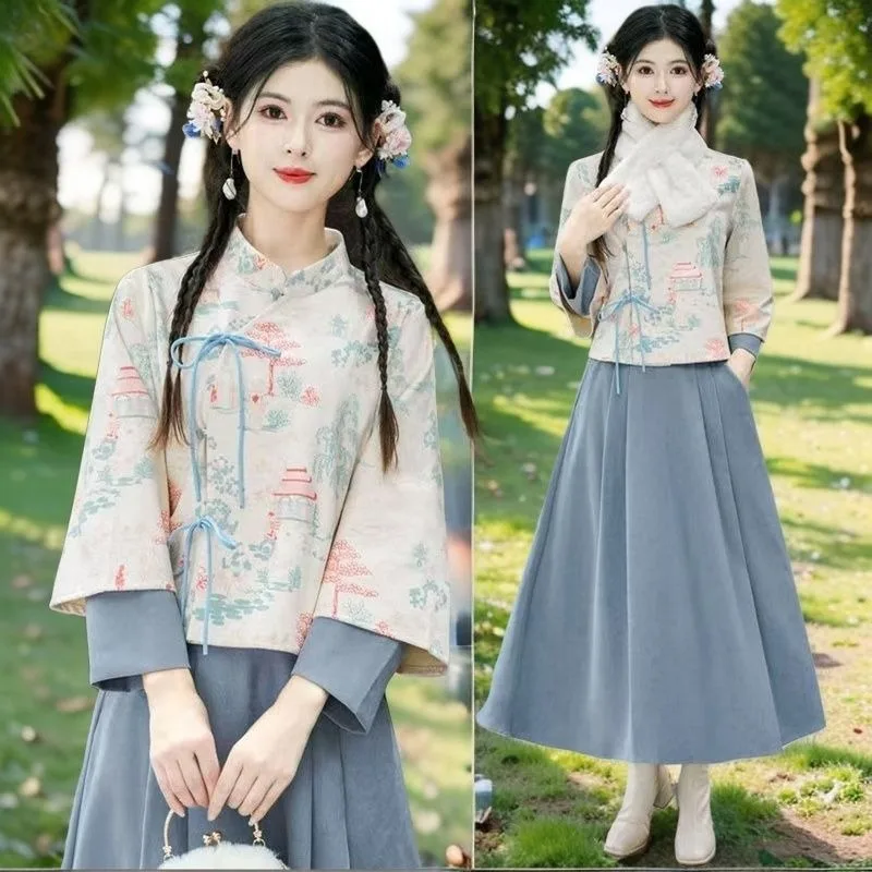 

New Chinese-style Autumn Hanfu Pavilion Pavilion Slant Lapel Lace-up Top Improved Half Skirt Set Fashion Personality Women Wear
