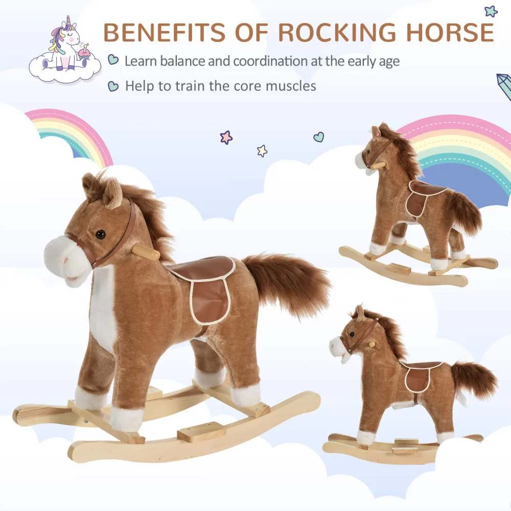 Rocking Horse Plush Animal on Wooden Rockers, Baby Rocking Chair with Sounds, Moving Mouth, Wagging Tail, Brown