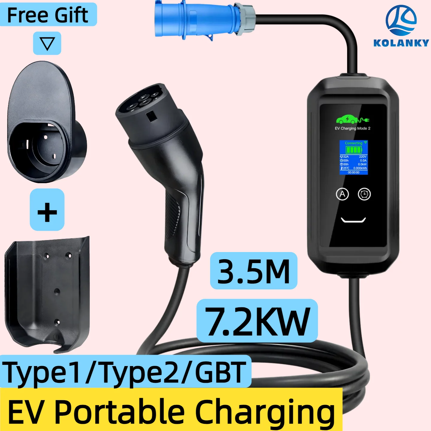 Kolanky 3.5m Portable EV Charger 7.2KW 32A Type2 Plug Type1 GBT Charging Cable Adjust Current Electric Car Charging Station