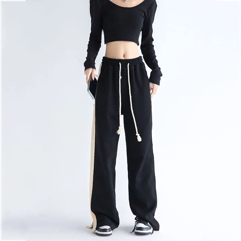 Streetwear Fashion Female High Waist Wide Leg Split Sports Pants Vintage Patchwork Solid Color Drawstring Floor Length Trousers