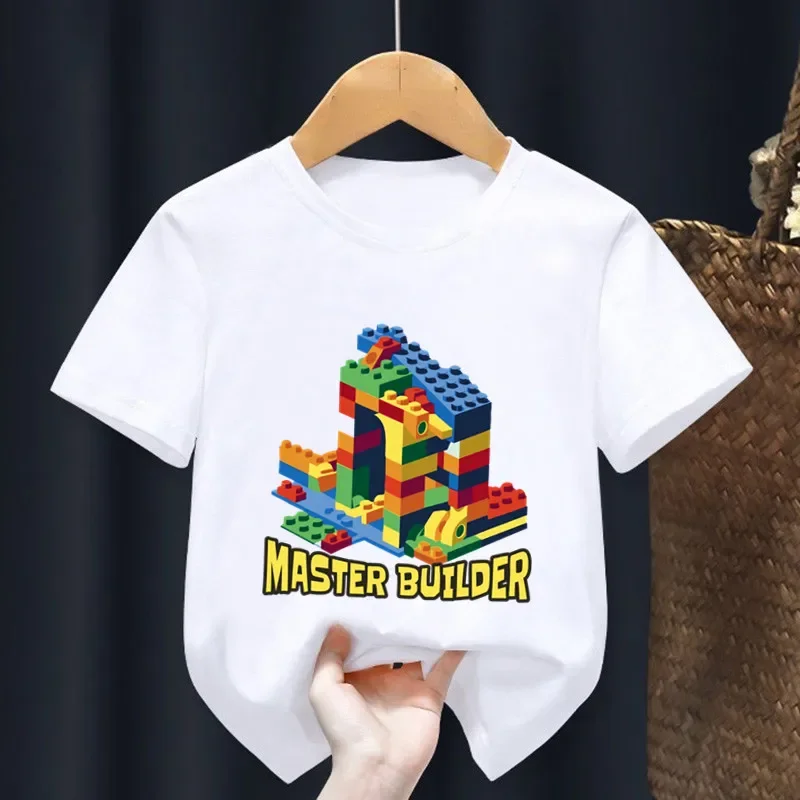 Funny Master Builder Blocks Building Print Cartoon Kids T shirt Girls Summer Tops Boys Clothes Children Short Sleeve T-shirts