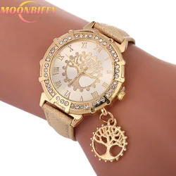 Romeinse Cijfer Diamant Vrouwen Horloge Luxe Gouden Boom Van Het Leven Patroon Hanger Quartz Horloge 2022 Nieuwe Mode Riem Vrouwen horloge