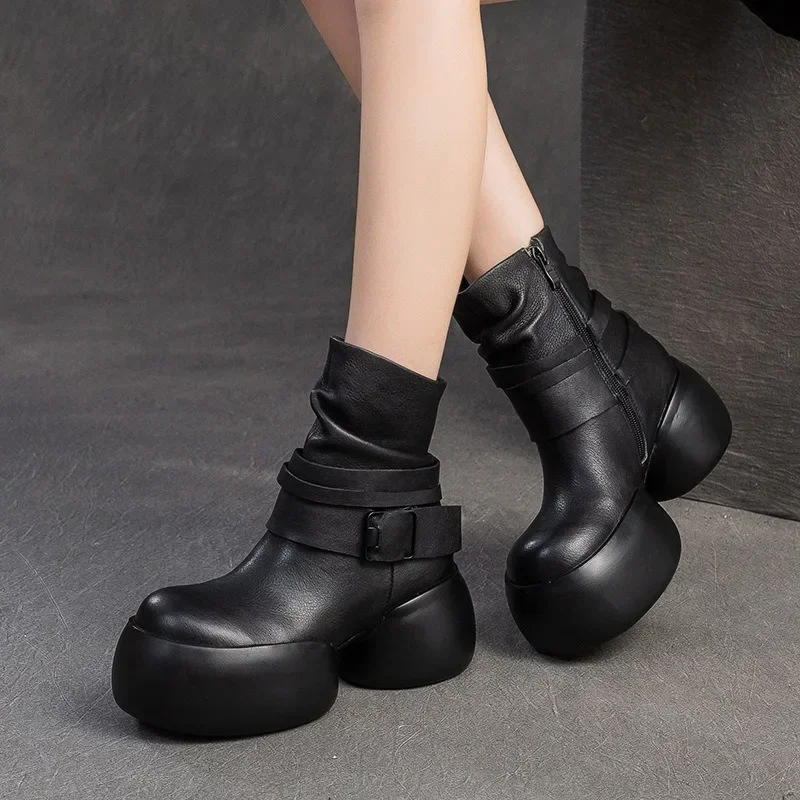 

Birkuir Original Thick Heel Long Boots Women Genuine Leather Buckle Zip 6.5cm High Heel Ankle Boots Luxury Platform Sock Boots