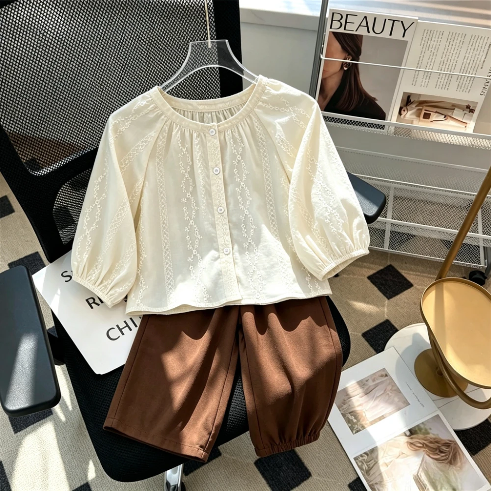 3-7 Years Old Korean Style Solid Color Girls 2Pcs Outfit Autumn Long Sleeve Blouse Wide Leg Pants Set Kids Casual Clothing Suit