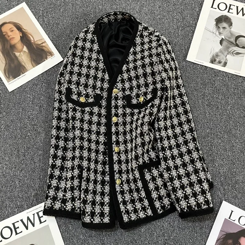 

Boreathiman 2024 New Women's Black and White Checkered Blazer Temperament Jacket Top Elegant Style Niche Design Winter Coat